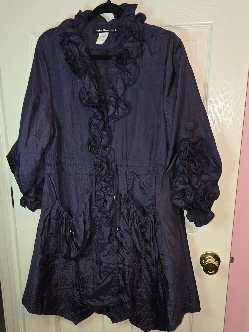 Women's Navy Ruffle-Trim Trench Coat